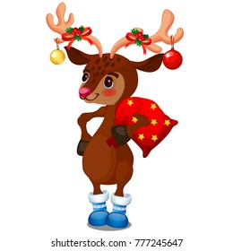 Cute reindeer with Christmas baubles on the horns holding a bag with gifts isolated on white background. Sample of poster, party holiday invitation, festive card. Vector cartoon close-up illustration.