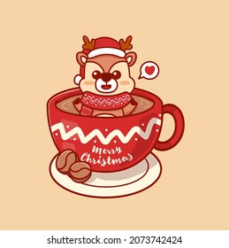 Cute reindeer christmas in coffee mug illustration for card. Merry Christmas greeting text. Kawaii style