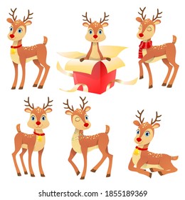 Cute reindeer christmas day. Set of six cute reindeer with different emotions in different Santa Claus hat and scarf, snowman, elf. Funny Christmas reindeers on white background. Vector illustration