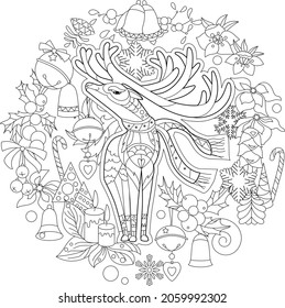 Cute reindeer in Christmas decoration. Doodle style, black and white background. Funny winter animal, coloring book pages. Hand drawn illustration in zentangle style for children and adults, tattoo.