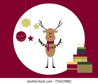 cute reindeer with christmas decorations and gifts vector illustration