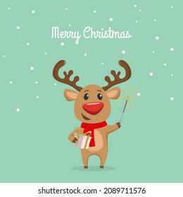 Cute reindeer with christmas gift. Christmas card. vector illustration