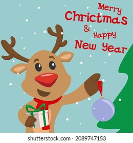 Cute reindeer with christmas gift. Christmas card. vector illustration