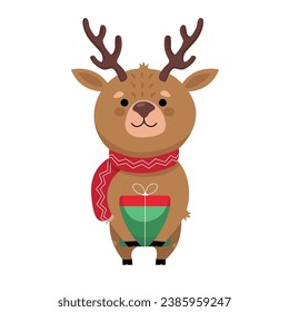 Cute reindeer with Christmas gift on white background