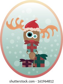 cute reindeer with christmas gifts in oval frame, vector illustration