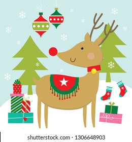 cute reindeer with christmas icon greeting card design