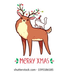 Cute reindeer with Christmas lights in antlers and a white cat with a Santa hat on his back, Merry Xmas lettering. Design for print (greeting card, sticker, t-shirt). Isolated on white background.