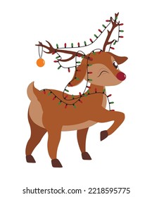 Cute reindeer and Christmas lights white background
