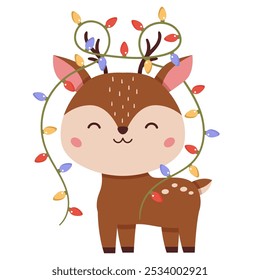 Renas bonitas com luzes de Natal sobre fundo branco. Kawaii animal. Veado de desenho animado. Ilustração vetorial no estilo infantil.