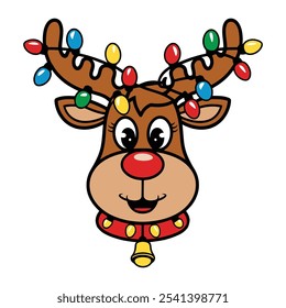 Cute Reindeer com luzes de Natal na ilustração Antlers	
