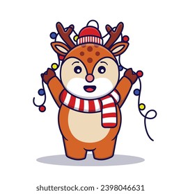 Cute Reindeer With Christmas Lights Vector Cartoon Illustration Isolated On White Background
