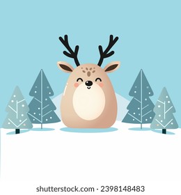 cute reindeer Christmas pine tree winter background. greeting card. minimal flat design. vector illustration. 