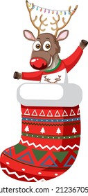 Cute reindeer in Christmas stocking in cartoon style illustration