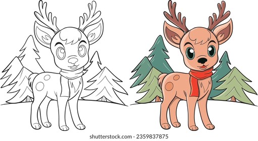 Cute reindeer and Christmas tree cartoon. Christmas coloring page for kids. Activity Book.