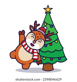 Cute Reindeer With Christmas Tree Vector Cartoon Illustration Isolated On White Background