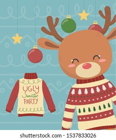 cute reindeer christmas ugly sweater party balls and stars decoration vector illustration