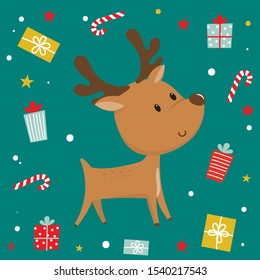 Cute Reindeer Claus and any Christmas gift, cute Christmas character vector illustration