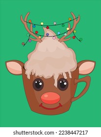 Cute reindeer coffee cup cartoon vector illustration Christmas cafe design vector