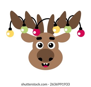 Cute reindeer with colorful holiday lights on antlers, festive and fun cartoon vector illustration.