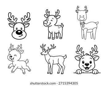 Conjunto De Vetores De Página De Coloração De Rena Bonito. Personagens de cervo preto e branco espiando e sorrindo. Line-art para o livro de atividades infantil.