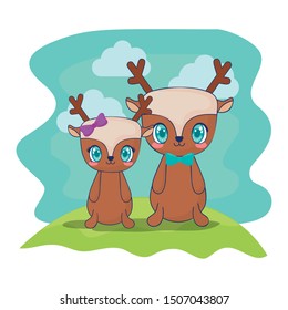 cute reindeer couple characters vector illustration