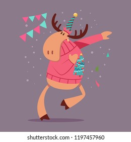 Cute Reindeer dancing in an Ugly Christmas Sweater. Vector cartoon funny deer character isolated on background.