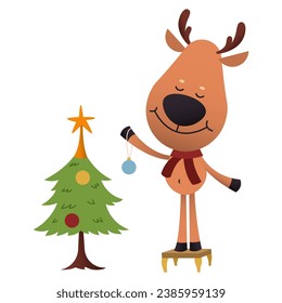 Cute reindeer decorating Christmas tree on white background