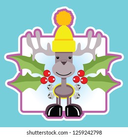 Cute Reindeer design with stocking cap, holly and jingle bells