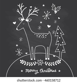Cute reindeer with doodle on chalkboard background