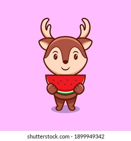 Cute Reindeer Eating Watermelon Mascot Cartoon Vector Illustration. 