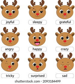 Cute reindeer emotions collection different emotional faces set with dog learning feeling poster