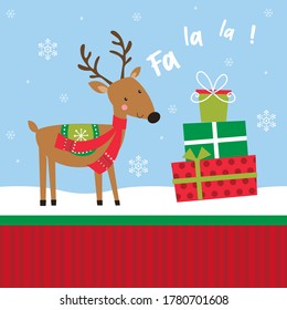 Cute Reindeer Fa la la with Christmas gift boxes