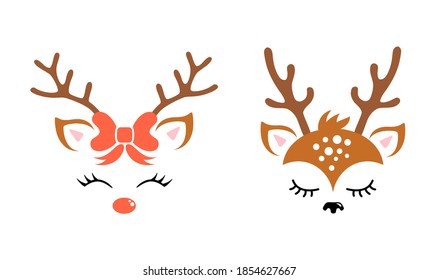 Cute reindeer face with antlers and Christmas decor. Vector illustration in cartoon style.