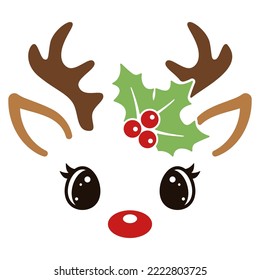 Cute reindeer face on white background. Holly plant with berries. Forest cartoon animal. Flat style design. Holiday print. Vector illustration.