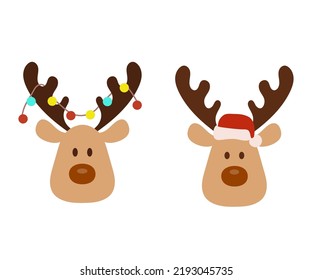 Cute reindeer face in Santa Claus hat, garland hanging from antlers. Vector flat illustration Isolated on white. Christmas sign