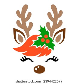 Cute Reindeer face. Vector deer head silhouette with antlers for girl. Template for cutting, printing on T-shirts, mugs. Christmas illustration. Isolated on white background.