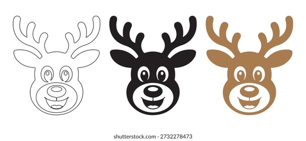 Cute Reindeer Faces Vector Icons Set. Christmas Holiday Icons.