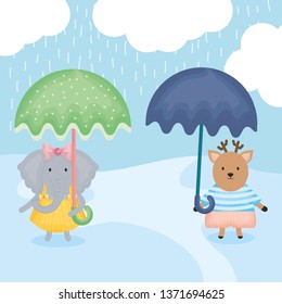cute reindeer and female lions with umbrellas