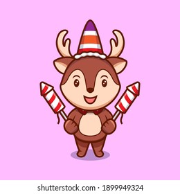 Cute Reindeer and Fireworks Mascot Cartoon Vector Illustration. 