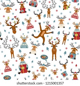 Cute reindeer flat seamless pattern. Elements for christmas holiday greeting card, poster design. Vector illustration