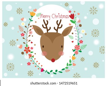 Cute reindeer in floral frame or flower wreath look so sweet on pastel blue sky background. Beautiful Xmas wallpaper with text Merry Christmas decorated with golden snowflakes and glittering snow.