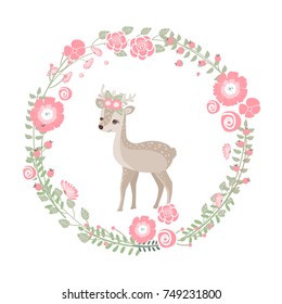 Cute reindeer in a flower wreath vector