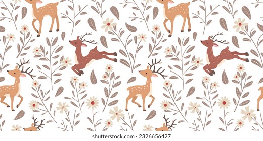 Cute Reindeer In The Garden Seamless Pattern