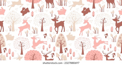 Cute Reindeer In The Garden Seamless Pattern