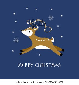 Cute reindeer with garlans in horns. Christmas card. Vector illustration.