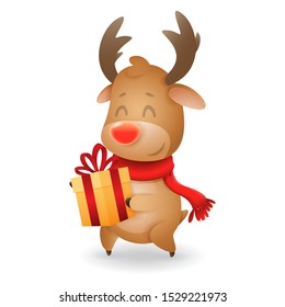 Cute Reindeer with gift box - vector illustration isolated on transparent background