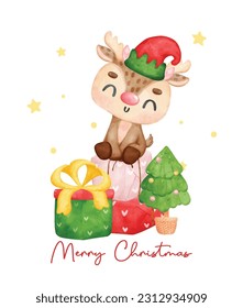 Cute reindeer gift wrapping,  Christmas reindeer singing and holding a songbook, with pine tree and stack of presents merry christmas time, cartoon animal character watercolour hand drawing vector