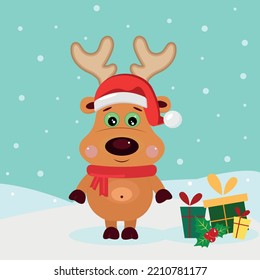 Cute reindeer with gifts on the background of falling snow.