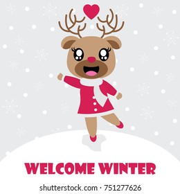 Cute reindeer girl enjoys snow fall vector cartoon illustration for Christmas card design, wallpaper and greeting card 