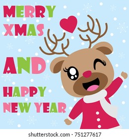 Cute reindeer girl is happy Christmas and new year vector cartoon illustration for Christmas card design, wallpaper and greeting card 